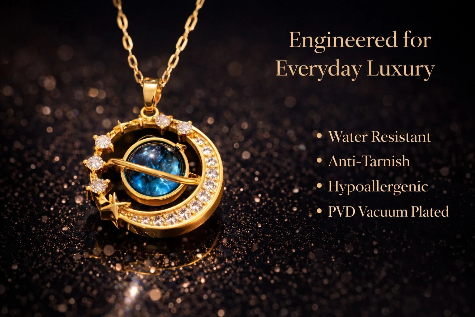  Moon & Star Zircon Pendant Necklace
