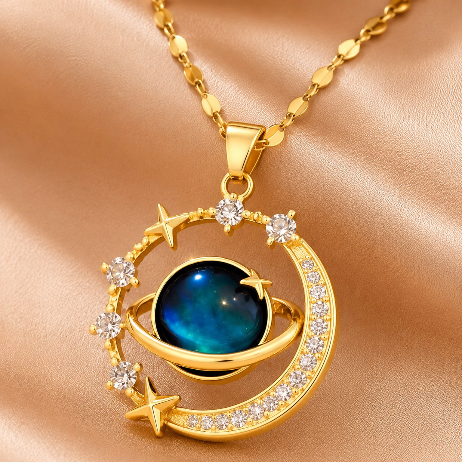  Moon & Star Zircon Pendant Necklace