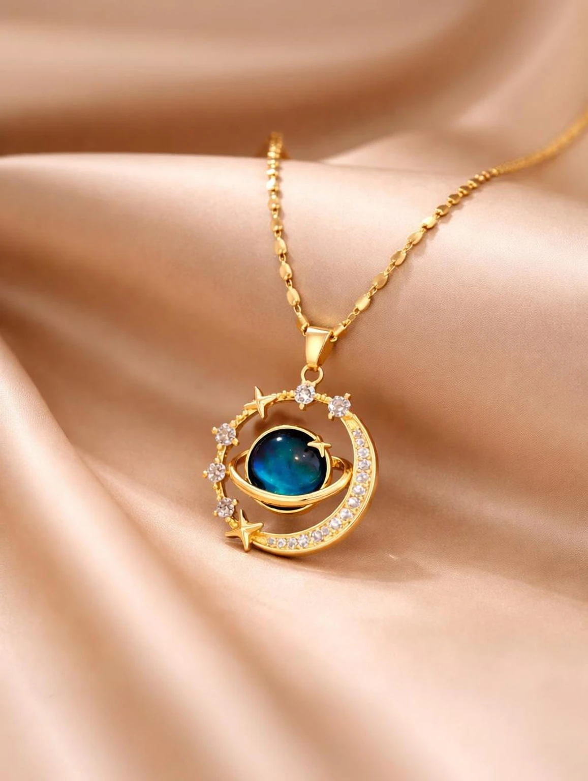  Moon & Star Zircon Pendant Necklace
